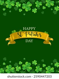 Happy St Patriks day banner element with shamrock leafs on yellow ribbon..