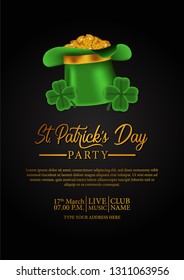 Happy St. Patrik's day party poster template with clover shamrock and illustration of Hat and gold coin