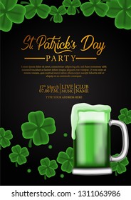 Happy St. Patrik's day party poster template with clover shamrock and illustration of glass of beer