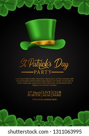 Happy St. Patrik's day party poster template with clover shamrock and illustration of hat