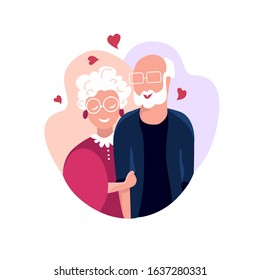 Happy St Valentine Day Celebration.14th February.Loving Old Pensioner Man and Elderly Woman Couple Hug each other. Falling in Love.Sweeheart Boyfriend and Girlfriend Dating. Flat Vector Illustration