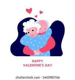 Happy St Valentine Day Celebration.14th February.Loving Old Pensioner Man and Elderly Woman Couple Hug each other. Falling in Love.Sweeheart Boyfriend and Girlfriend Dating. Flat Vector Illustration