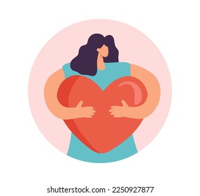 Happy St Valentine day vector greeting card. Happy woman with big pink hugging heart. illustration with dreaming girl in love in the form of a circle sticker. Gentle self-care people. Love yourself