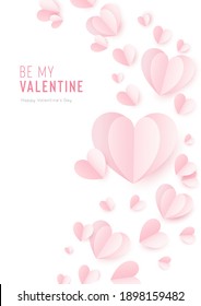 Happy St. Valentines Day card with 3d paper hearts. Vector holiday design template. Valentine concept banner or greeting card.