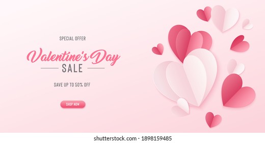 Happy St. Valentines Day card with 3d paper hearts. Vector holiday design template. Valentine concept banner or greeting card.