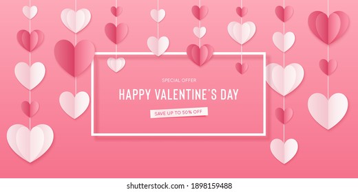 Happy St. Valentines Day card with 3d paper hearts. Vector holiday design template. Valentine concept banner or greeting card.