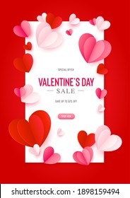 Happy St. Valentines Day card with 3d paper hearts. Vector holiday design template. Valentine concept sale banner or greeting card