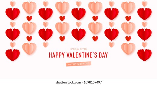 Happy St. Valentines Day card with 3d paper hearts. Vector holiday design template. Valentine concept banner or greeting card.