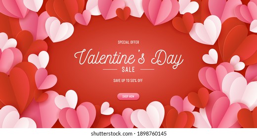 Happy St. Valentines Day card with 3d paper hearts. Vector holiday design template. Valentine concept banner or greeting card.