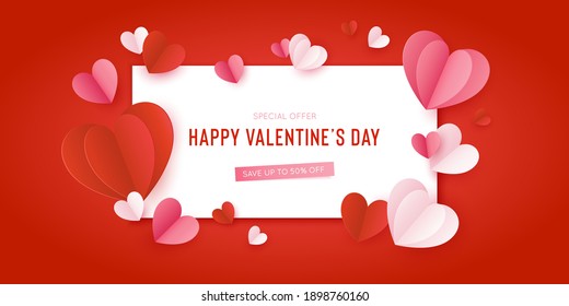 Happy St. Valentines Day card with 3d paper hearts. Vector holiday design template. Valentine concept banner or greeting card.