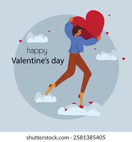 Happy St Valentine's day Card. Vector banner, background for sales, social media, promotion. Woman with heart. Strong independent girl. 