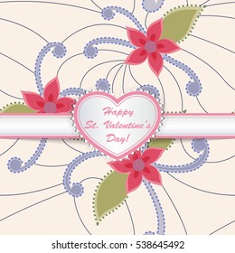 Happy St valentines day card with heart on ribbon