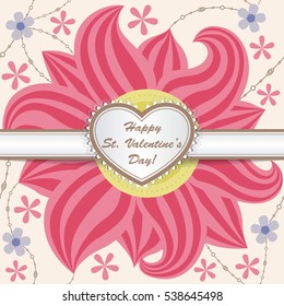 Happy St valentines day card with heart on ribbon