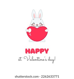 Happy St. Valentine's day! Cartoon illustration of a cute bunny holding big heart in its paws isolated on a white background. Vector 10 EPS.