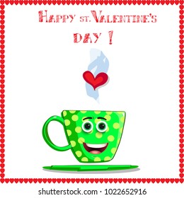 Happy st. valentine's day greeting card with cute cartoon male cup character in elegant hearts frame. Green coffee mug with smiling face, eyes and heart in steam fall in love. Vector illustration.