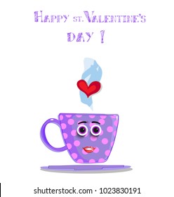 Happy st. valentine's day greeting card with cute cartoon female cup character. Violet coffee mug with rose polka dots, smiling face, eyes, lips and heart in steam fall in love. Vector illustration.
