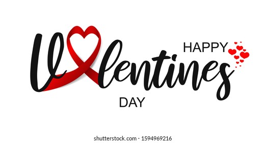 Happy St. Valentine's day hand drawn text on white background. Typography postcard, card, invitation, banner, poster template.   Vector illustration. Romantic quote with red ribbon and hearts.