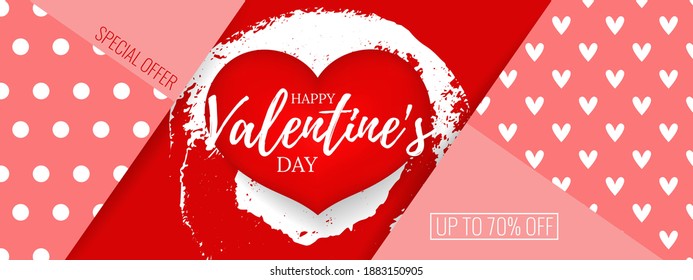 Happy St. Valentine's day hand drawn text on red 3d heart. Typography postcard, greeting card, invitation, banner, placard,  poster concept design template. Romantic quote. Vector illustration