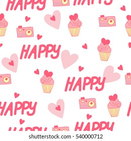 Happy St. Valentine's Day. Love seamless pattern with hearts, cupcakes and camera. 