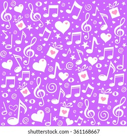 Happy St. Valentine's Day!  Seamless pattern wallpaper. Abstract background with musical notes, gift box, heart. Vector Illustration