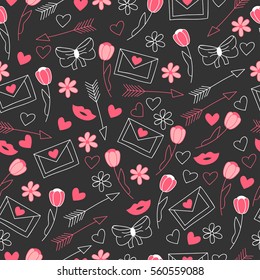 Happy St. Valentine's Day. Seamless pattern with letter, arrow, tulip, bow, flowers, lips, and heart. Holiday cute background.