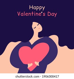 Happy St Valentine's day vector greeting card. Happy woman with big pink hugging heart and text. Pastel color illustration with dreaming girl in love. Gentle self-care. Love yourself. Flyer concept.