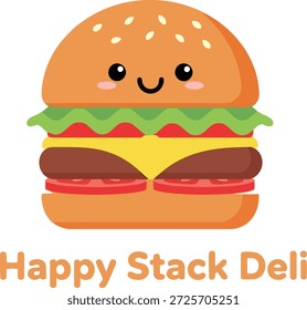 Happy Stack Deli niedlichen Burger Zeichen Logo Vektorgrafik
