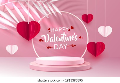 Happy stage podium heart, Stage Podium Scene Red heart of Valentines Day on color Background. Vector illustration