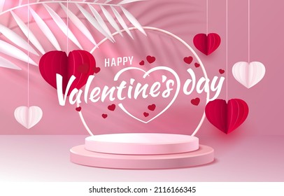 Happy stage podium heart, Stage Podium Scene Red heart of Valentines Day on color Background. Vector illustration