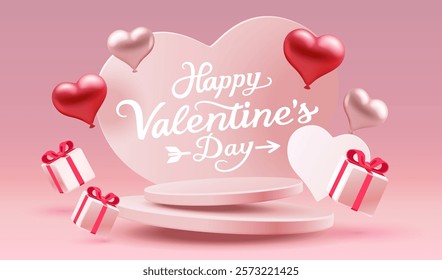 Happy stage podium heart, Stage Podium Scene Red heart of Valentines Day on color Background. Vector illustration