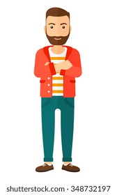 A happy standing man crossing his arms vector flat design illustration isolated on white background. Vertical layout.