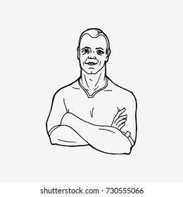 Happy standing man crossing his arms. Hand drawn vector illustration. Black and white drawing