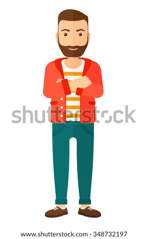 A happy standing man crossing his arms vector flat design illustration isolated on white background. Vertical layout.