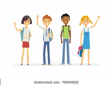 Happy standing schoolchildren - cartoon people characters isolated illustration. Smiling boys and girls with backpacks waving hands. Make a great presentation with these international students