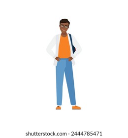 Happy standing student character. Student boy with backpack flat vector illustration