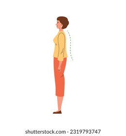 Happy standing woman with correct posture side view flat style, vector illustration isolated on white background. Healthy back and neck, decorative design element, good posture