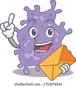 Diseño de mascota de Staphylococcus aureus feliz con sobre marrón