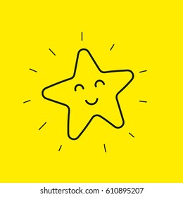 Happy Star Smiley. Hand Drawn Line Icon Good Day Isolated On Yellow. Happy Flower Emoji, Emoticon. Vector Illustration