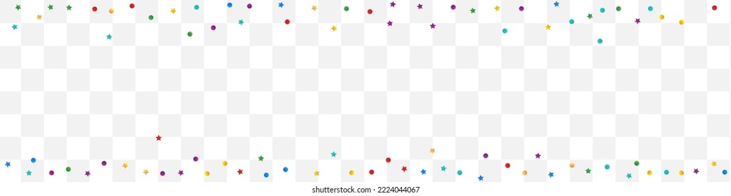 Happy Starfall Carnaval Vector Transparent Panoramic Background. Top Round Pattern. Festive Dot Texture. Falling Polka Flying Background.