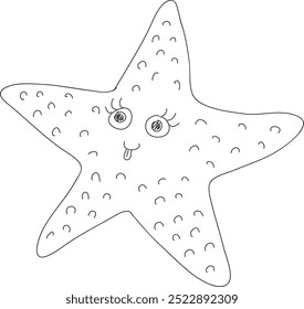 happy starfish sticks out tongue, hand drawn with black brush on white background