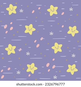 Happy stars seamless pattern. Purple square background with cute stars. Nursery decoration. Vector repeat pattern.