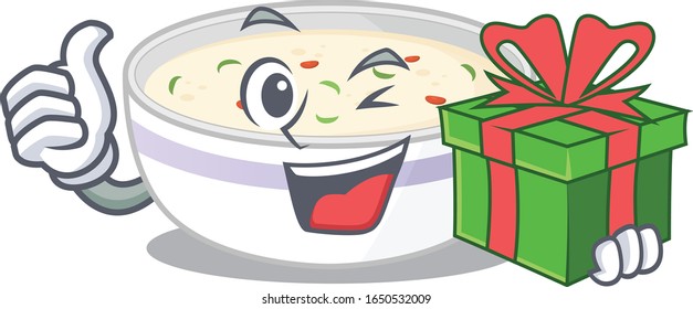 Happy steamed egg character having a gift box