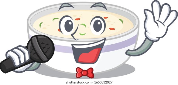 Happy steamed egg singing on a microphone