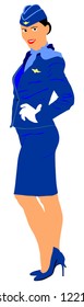 Happy stewardess in blue formal wear smiling vector illustration. Charming hostess. Business woman on duty. Air plane crew member. Young lady business woman. Successful carrier girl.