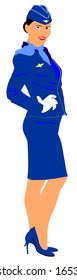 Happy stewardess in blue formal wear smiling vector illustration. Charming hostess. Business woman on duty. Air plane crew member. Young lady business woman. Successful carrier girl.