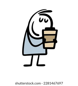 Un chico feliz con los ojos cerrados sostiene una taza grande de café de café para ir. Ilustración vectorial del hombre somnoliento y la taza de té.