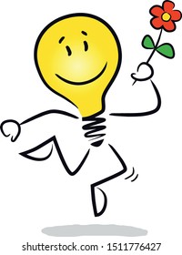 Happy Stick Figure with Flower. Vector Graphic