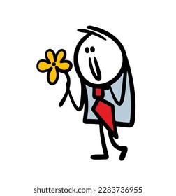 Happy stick figure groom going to make an offer to his girlfriend and brings a big flower for engagement. Vector illustration of funny cartoon man in business suit and red tie after work.