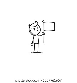 Happy Stick Figure Holding a Blank Flag in a Simple Cartoon Style. A cheerful stick figure smile while holding a blank flag, showcasing creativity and minimalism.