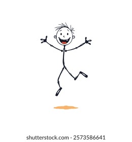 Happy Stick Figure Man Jumping in Joy - Vector Illustration